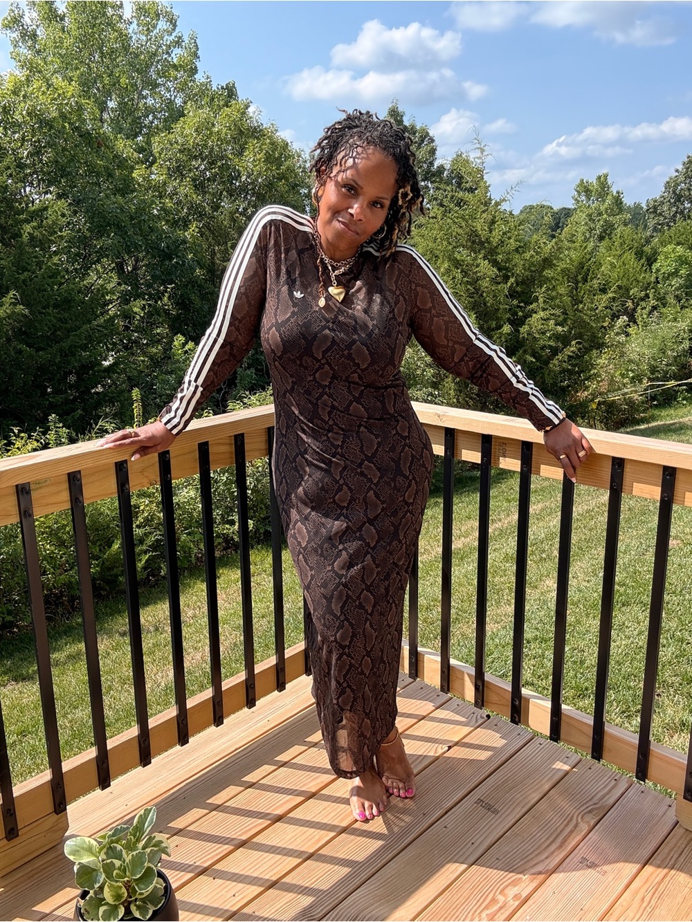 adidas Originals Brown Snake-Print Maxi Dress with White Stripe Sleeves